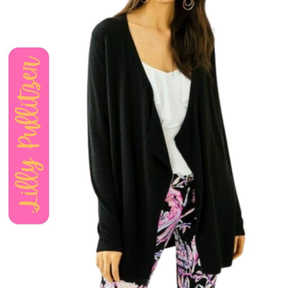 Large Lilly Pulitzer Dustin Cashmere Blend Open Front Cardigan in Black